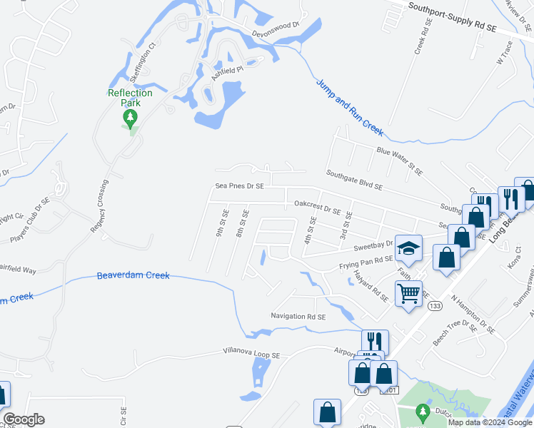 map of restaurants, bars, coffee shops, grocery stores, and more near 4256 Cherry Laurel Lane Southeast in Southport