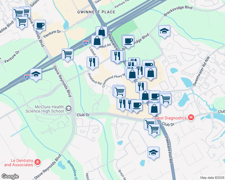 map of restaurants, bars, coffee shops, grocery stores, and more near 1641 Northgate Mill Drive in Duluth
