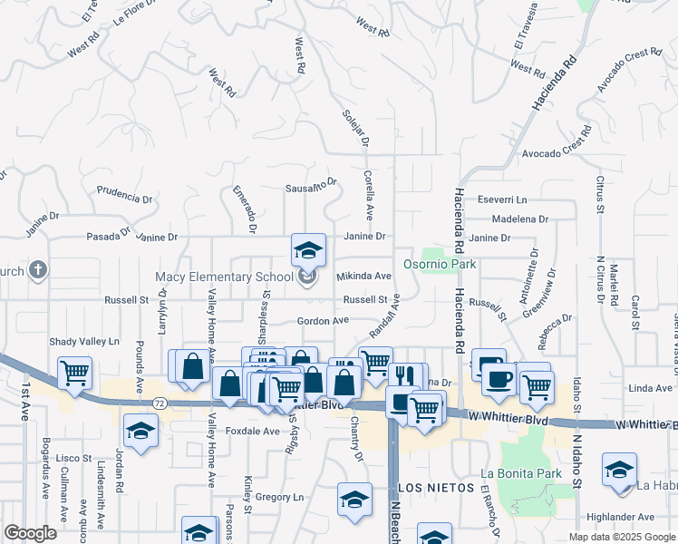 map of restaurants, bars, coffee shops, grocery stores, and more near 9331 Mikinda Avenue in La Habra