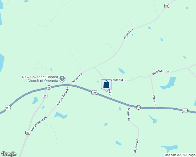 map of restaurants, bars, coffee shops, grocery stores, and more near 225 Dow Drive in Oneonta