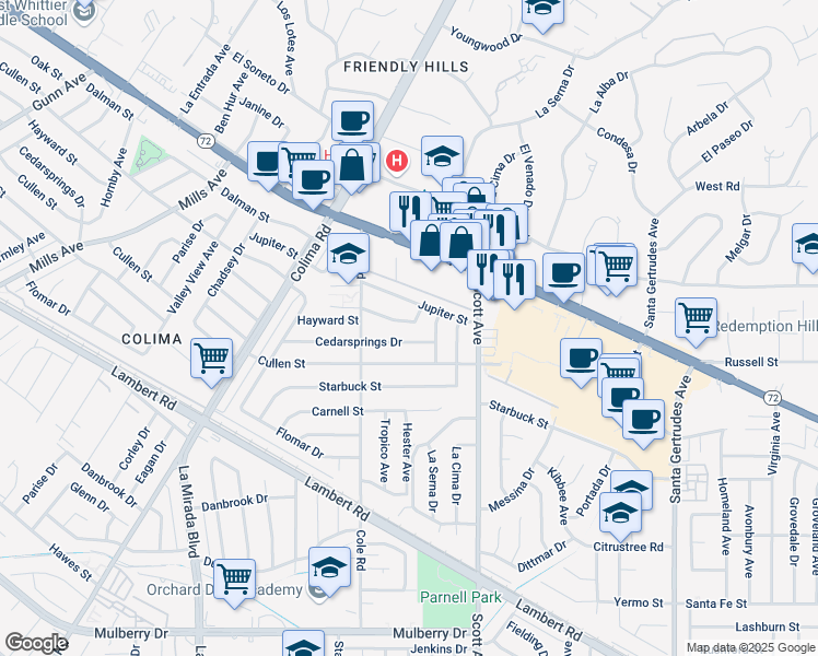 map of restaurants, bars, coffee shops, grocery stores, and more near 15258 Anaconda Street in Whittier