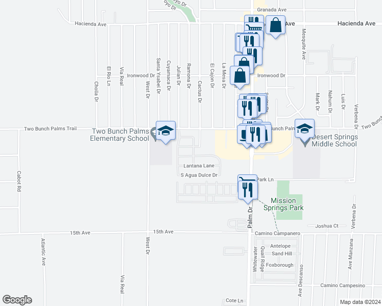 map of restaurants, bars, coffee shops, grocery stores, and more near 66240 North Agua Dulce Drive in Desert Hot Springs
