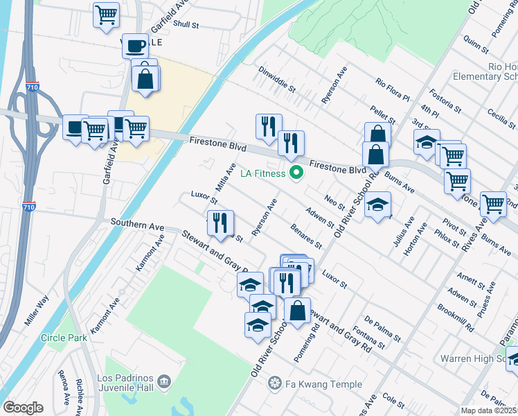 map of restaurants, bars, coffee shops, grocery stores, and more near 7180 Benares Street in Downey
