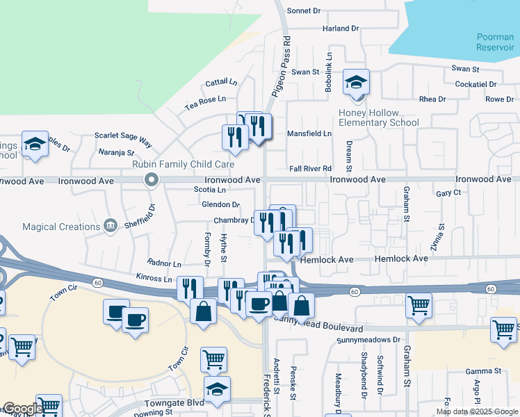 map of restaurants, bars, coffee shops, grocery stores, and more near 12093 Coachman Lane in Moreno Valley