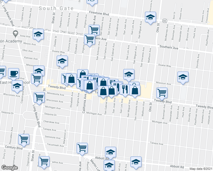 map of restaurants, bars, coffee shops, grocery stores, and more near 9817 San Gabriel Avenue in South Gate
