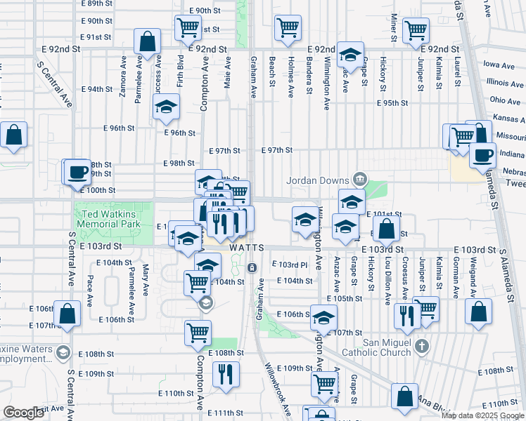 map of restaurants, bars, coffee shops, grocery stores, and more near 10027 Beach Street in Los Angeles