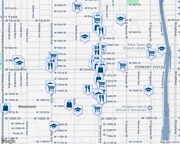 map of restaurants, bars, coffee shops, grocery stores, and more near 1029 West 101st Street in Los Angeles