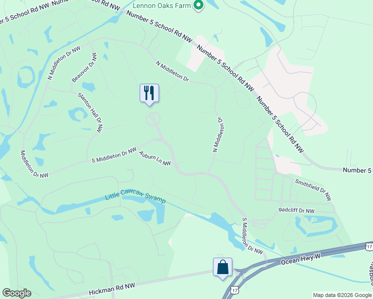 map of restaurants, bars, coffee shops, grocery stores, and more near 268 South Middleton Drive Northwest in Calabash