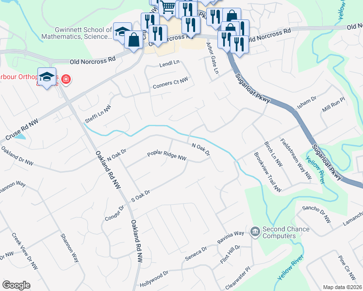 map of restaurants, bars, coffee shops, grocery stores, and more near 1872 North Oak Drive in Lawrenceville