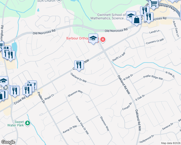 map of restaurants, bars, coffee shops, grocery stores, and more near 2175 Eagle Nest Bluff Northwest in Lawrenceville