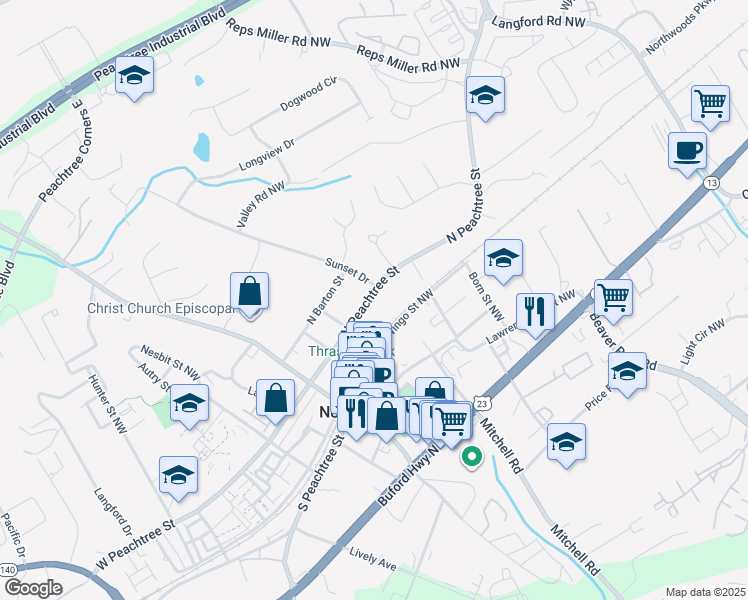 map of restaurants, bars, coffee shops, grocery stores, and more near 170 West Peachtree Street in Norcross