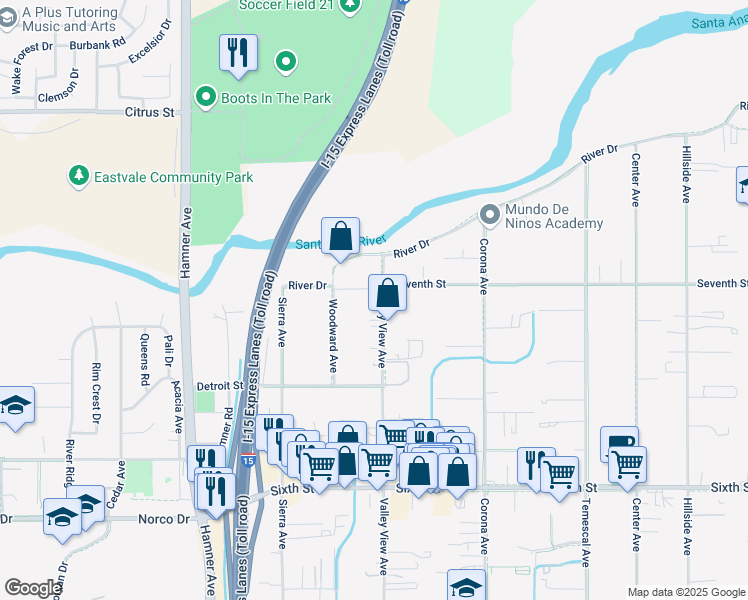 map of restaurants, bars, coffee shops, grocery stores, and more near 4372 Valley View Avenue in Norco