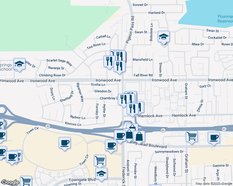 map of restaurants, bars, coffee shops, grocery stores, and more near 12093 Coachman Lane in Moreno Valley