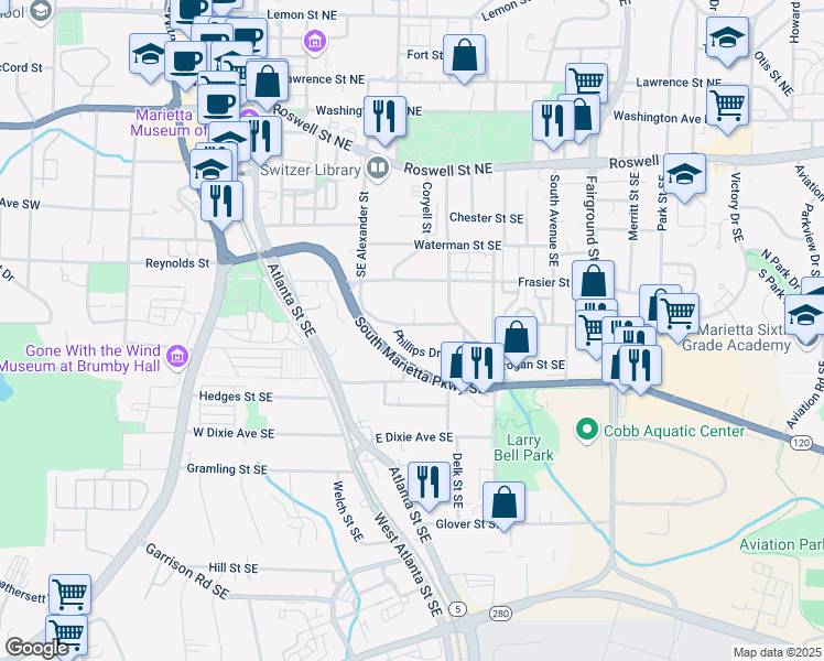 map of restaurants, bars, coffee shops, grocery stores, and more near 400 Southeast Alexander Circle in Marietta
