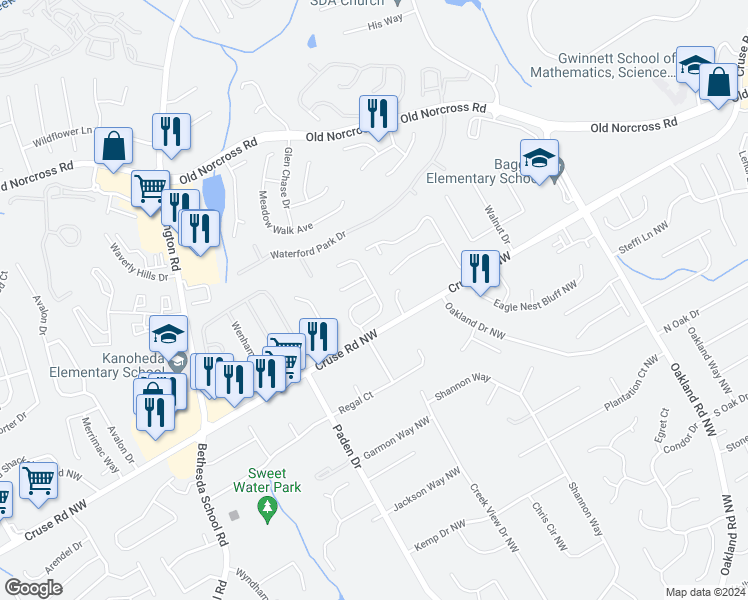 map of restaurants, bars, coffee shops, grocery stores, and more near 1058 Regency Drive Northwest in Lawrenceville