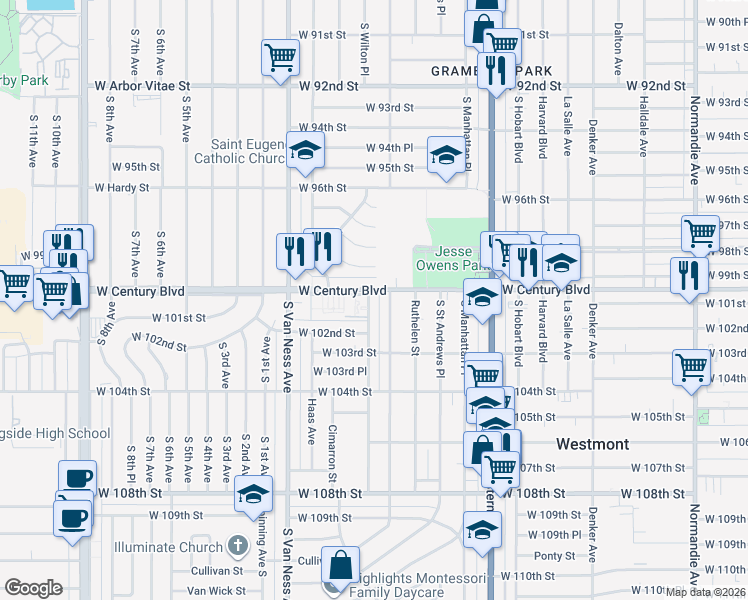 map of restaurants, bars, coffee shops, grocery stores, and more near 10008 South Wilton Place in Los Angeles