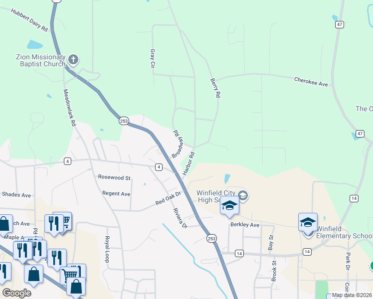 map of restaurants, bars, coffee shops, grocery stores, and more near 192 Broadway Road in Winfield
