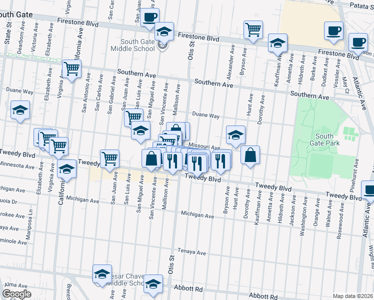 map of restaurants, bars, coffee shops, grocery stores, and more near 9718 Otis Street in South Gate