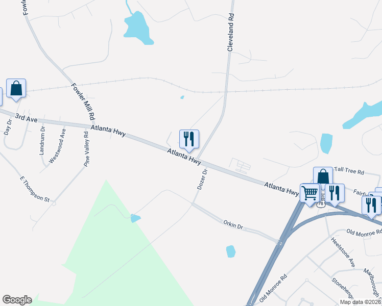 map of restaurants, bars, coffee shops, grocery stores, and more near 5170 Atlanta Highway in Bogart