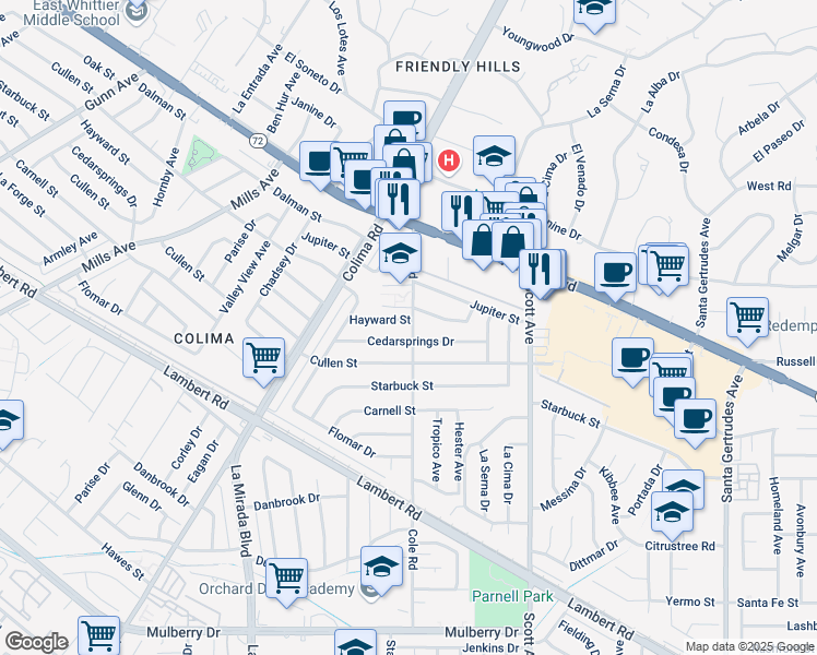 map of restaurants, bars, coffee shops, grocery stores, and more near 10022 Cole Road in Whittier
