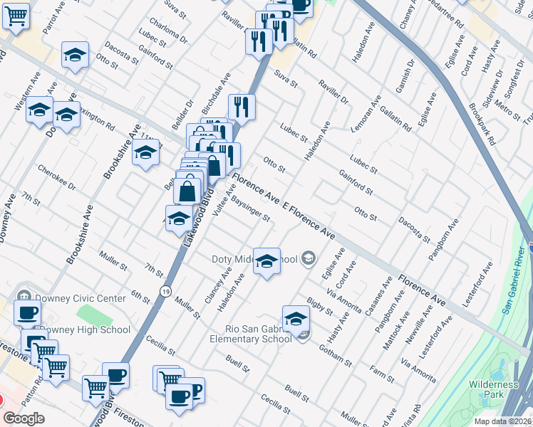 map of restaurants, bars, coffee shops, grocery stores, and more near 9137 Baysinger Street in Downey