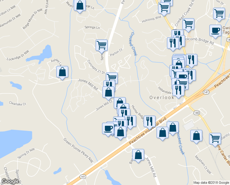 map of restaurants, bars, coffee shops, grocery stores, and more near 3397 Peachtree Corners Circle in Peachtree Corners