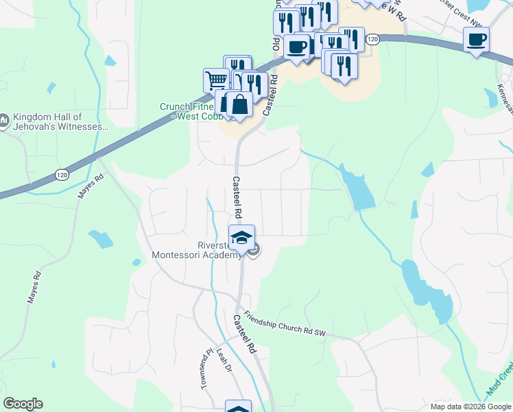 map of restaurants, bars, coffee shops, grocery stores, and more near 358 Nottingham Way Southwest in Marietta