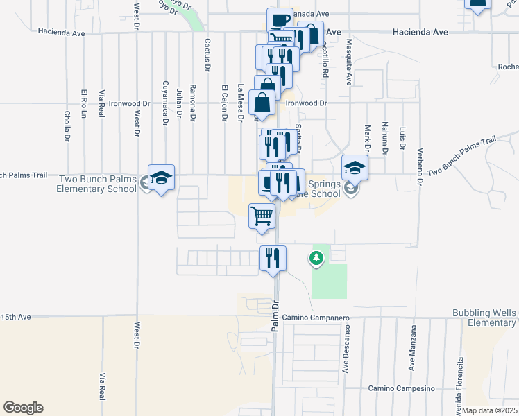 map of restaurants, bars, coffee shops, grocery stores, and more near 14201 Palm Drive in Desert Hot Springs