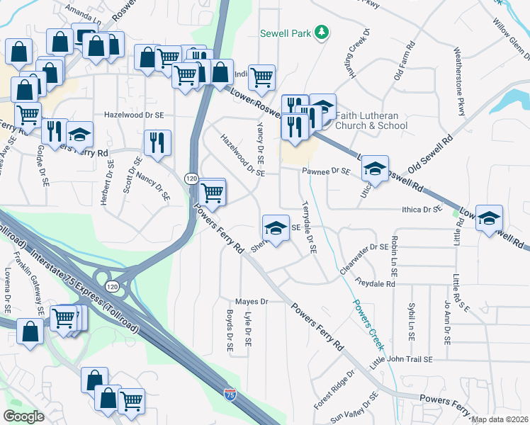 map of restaurants, bars, coffee shops, grocery stores, and more near 1976 Clearwater Drive Southeast in Marietta