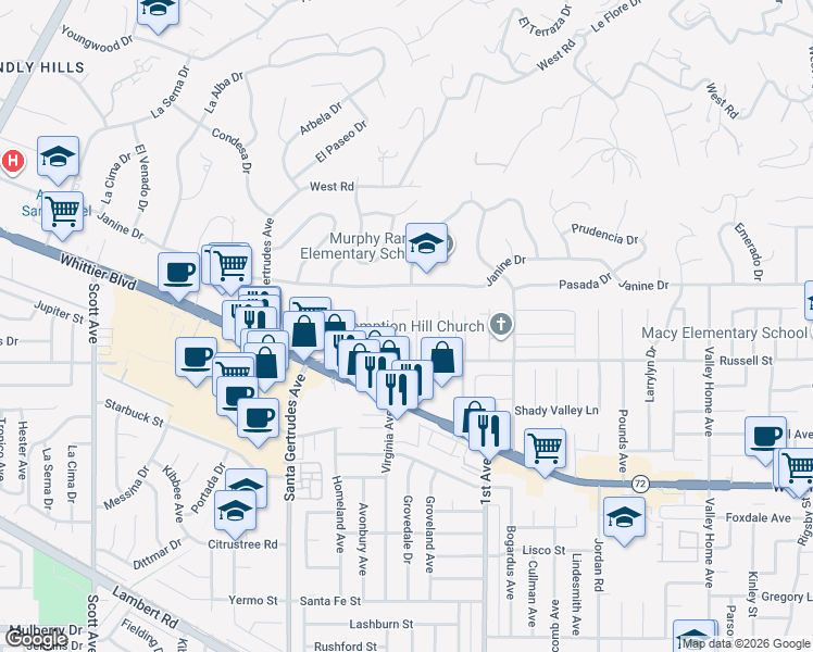 map of restaurants, bars, coffee shops, grocery stores, and more near 15983 Mikinda Court in Whittier