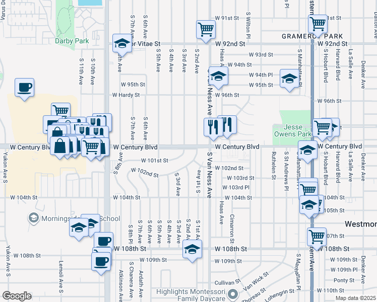map of restaurants, bars, coffee shops, grocery stores, and more near 2308 West Century Boulevard in Inglewood