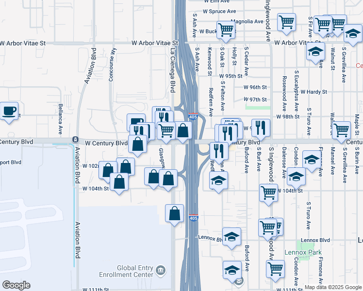 map of restaurants, bars, coffee shops, grocery stores, and more near 5156 West Century Boulevard in Los Angeles