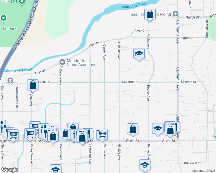 map of restaurants, bars, coffee shops, grocery stores, and more near 4361 Center Avenue in Norco