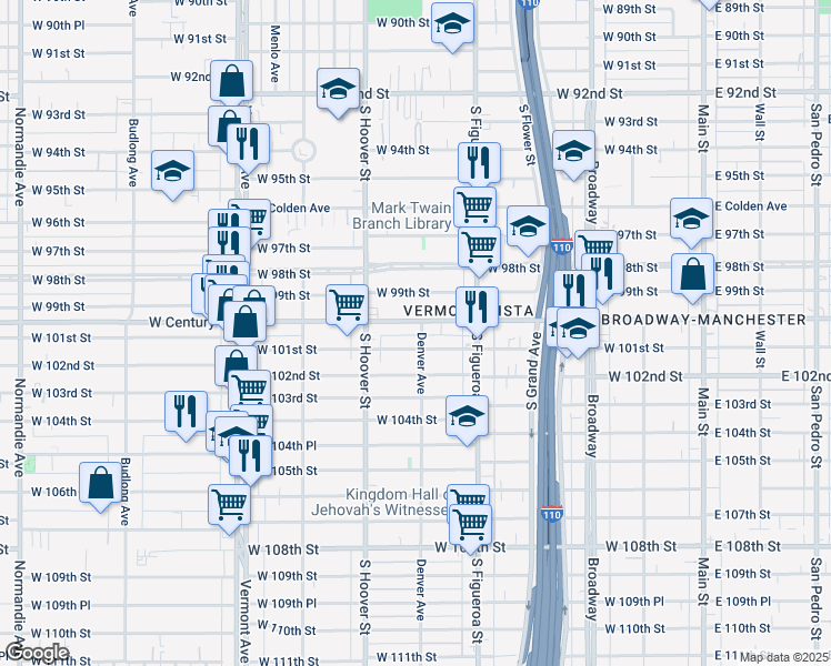 map of restaurants, bars, coffee shops, grocery stores, and more near 10005 Denver Avenue in Los Angeles