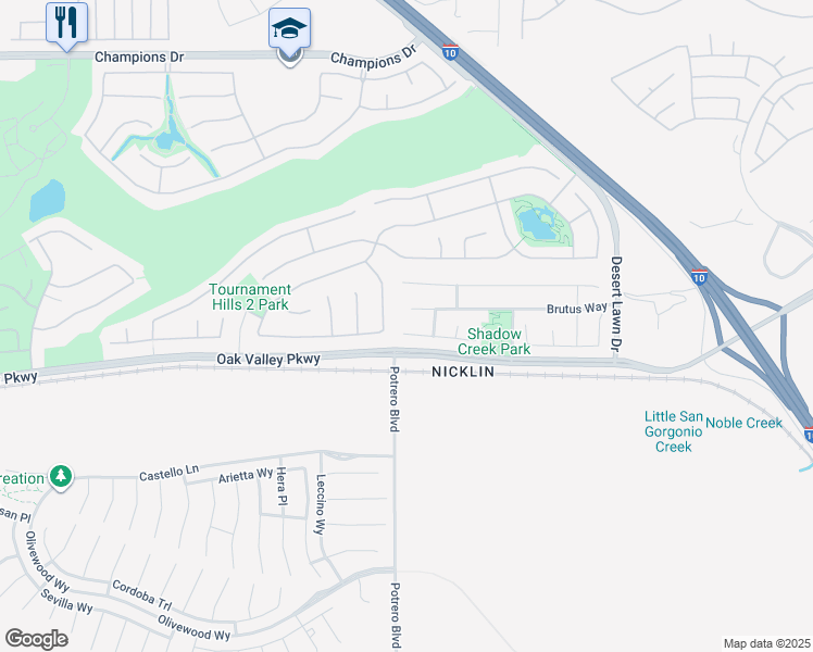 map of restaurants, bars, coffee shops, grocery stores, and more near 37068 Parkway Drive in Beaumont
