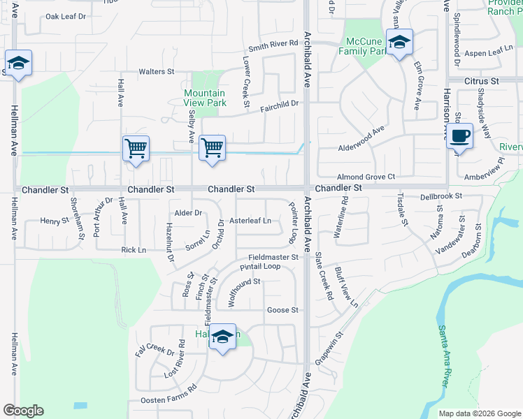 map of restaurants, bars, coffee shops, grocery stores, and more near 7863 Whippet Street in Corona