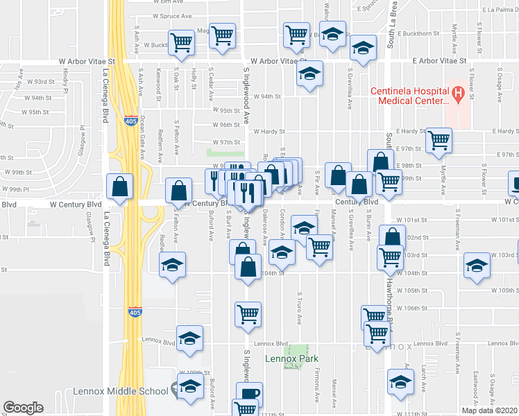 map of restaurants, bars, coffee shops, grocery stores, and more near 4736 West Century Boulevard in Inglewood