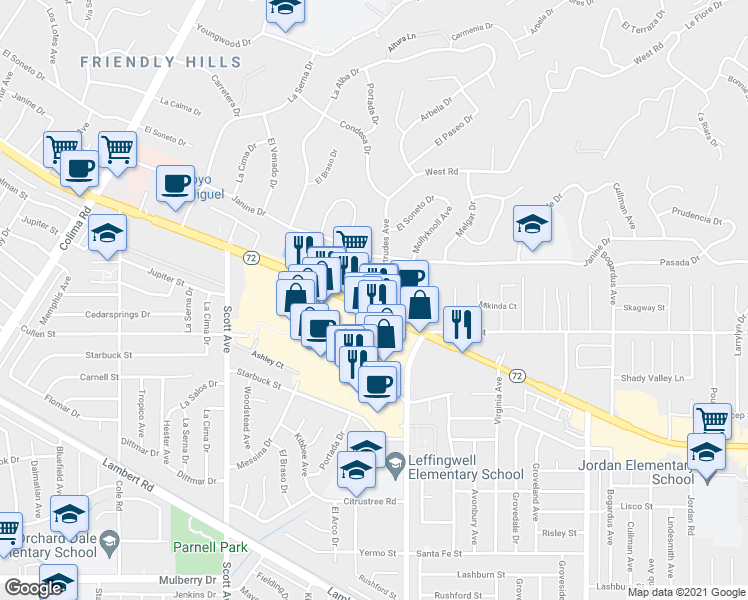 map of restaurants, bars, coffee shops, grocery stores, and more near 15625 Whittier Boulevard in Whittier