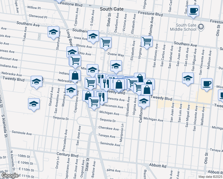 map of restaurants, bars, coffee shops, grocery stores, and more near 3297 Tweedy Boulevard in South Gate