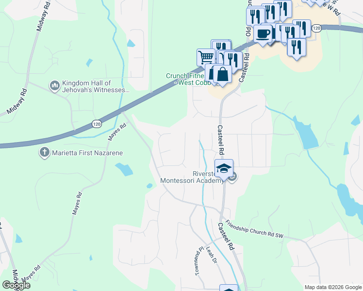 map of restaurants, bars, coffee shops, grocery stores, and more near 3780 Churchill Drive Southwest in Marietta
