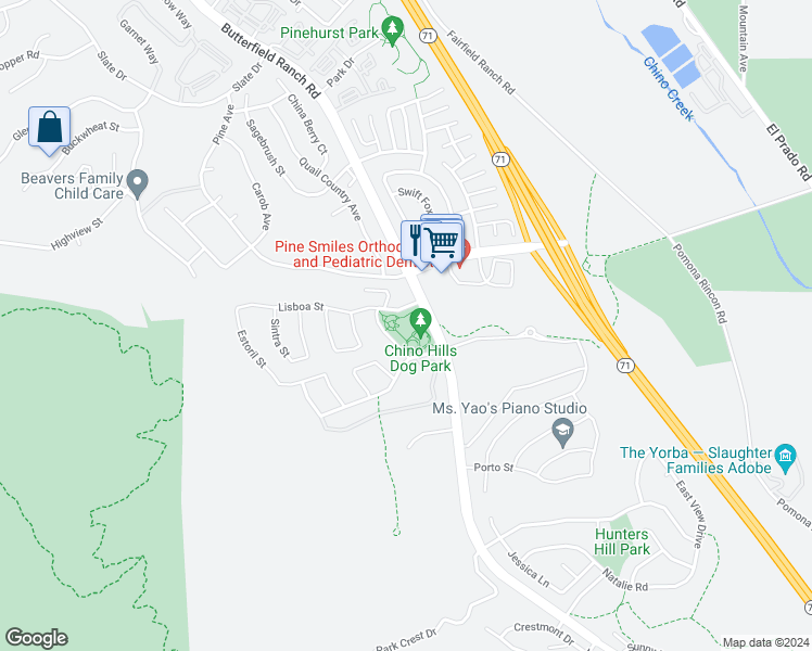 map of restaurants, bars, coffee shops, grocery stores, and more near 17001 Amadora Drive in Chino Hills