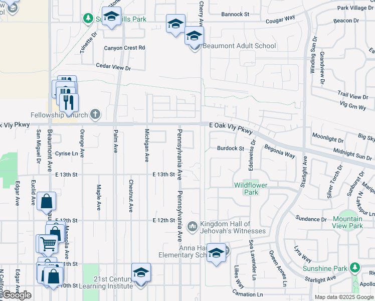 map of restaurants, bars, coffee shops, grocery stores, and more near 1225 Moira Street in Beaumont