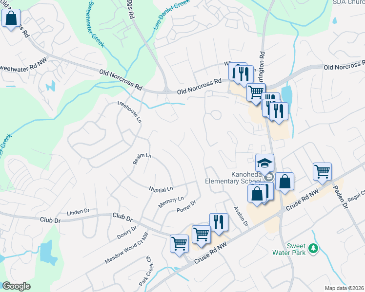 map of restaurants, bars, coffee shops, grocery stores, and more near 2488 Porter Drive in Lawrenceville