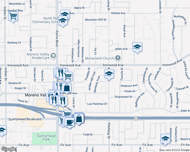 map of restaurants, bars, coffee shops, grocery stores, and more near 12082 Amber Hill Trail in Moreno Valley