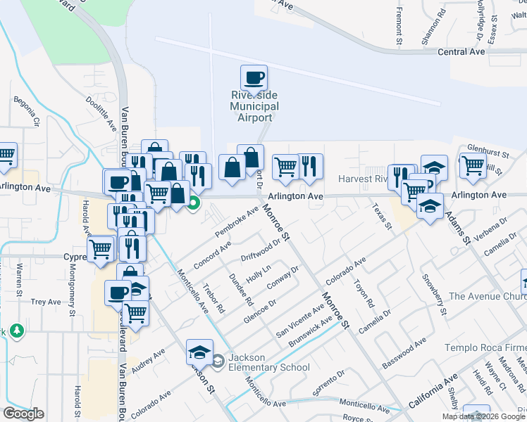 map of restaurants, bars, coffee shops, grocery stores, and more near 4860 Monroe Street in Riverside