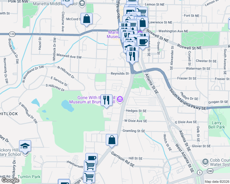 map of restaurants, bars, coffee shops, grocery stores, and more near 524 Henry Drive Southwest in Marietta