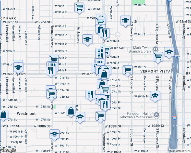 map of restaurants, bars, coffee shops, grocery stores, and more near 1029 West 101st Street in Los Angeles