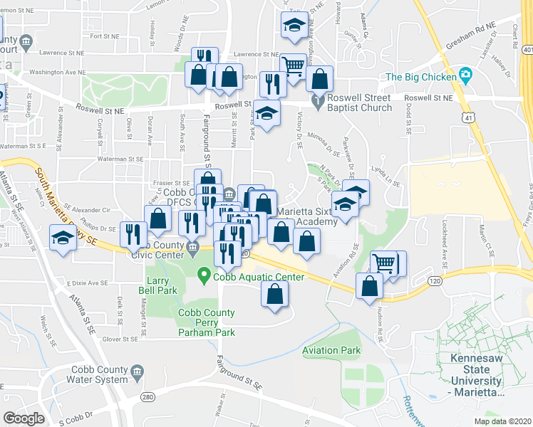 map of restaurants, bars, coffee shops, grocery stores, and more near 295 Victory Drive Southeast in Marietta