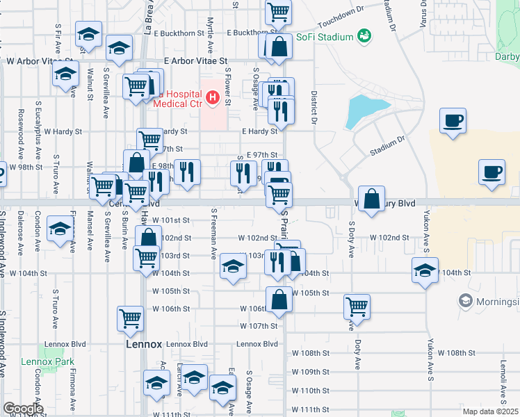 map of restaurants, bars, coffee shops, grocery stores, and more near 4040 West Century Boulevard in Inglewood