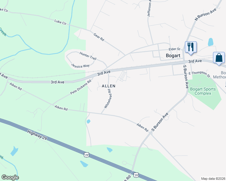 map of restaurants, bars, coffee shops, grocery stores, and more near 1811 Atlanta Highway in Bogart